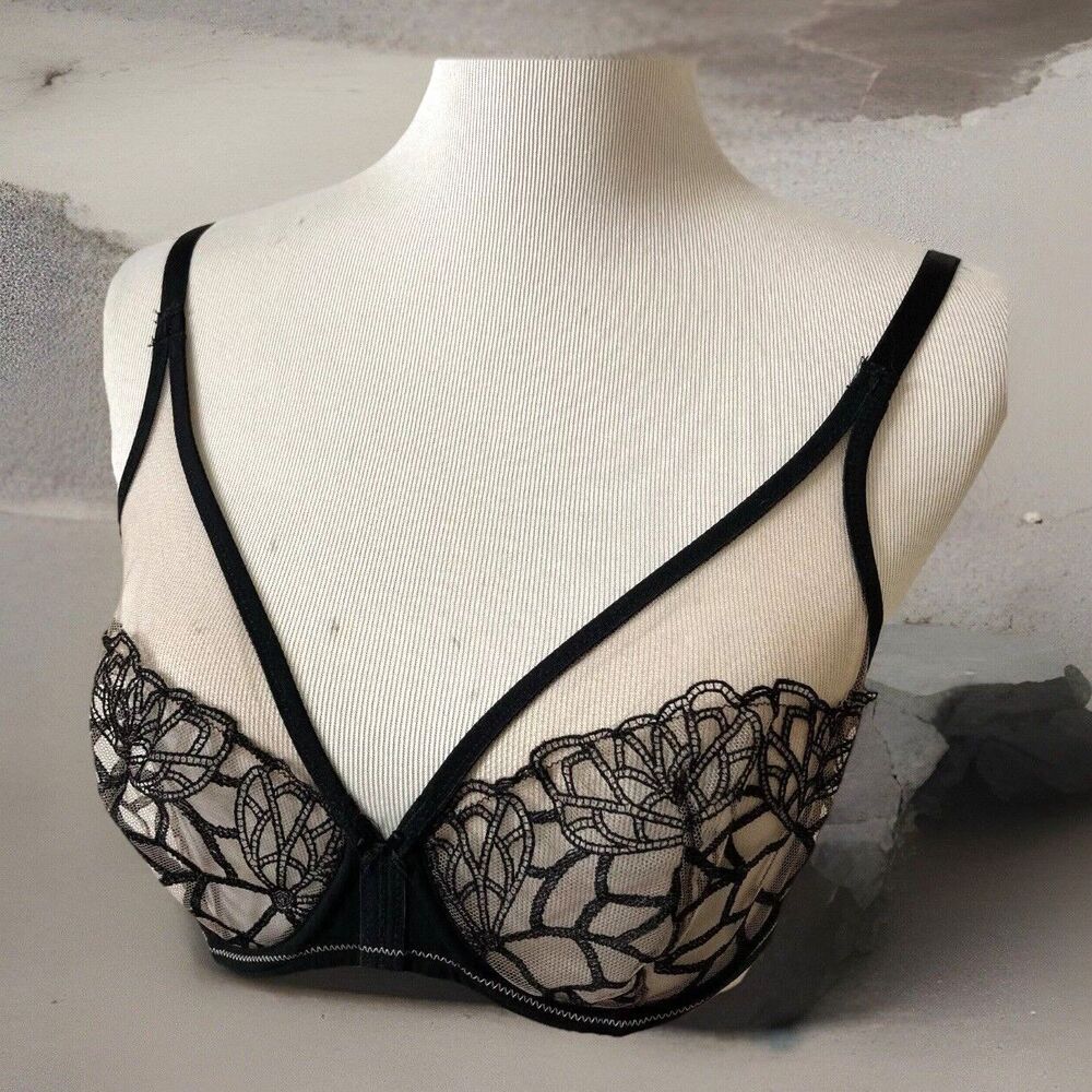 Simone Perele Bra 32D Underwire Black Lace Unlined Semi Sheer 12G319 Sexy
